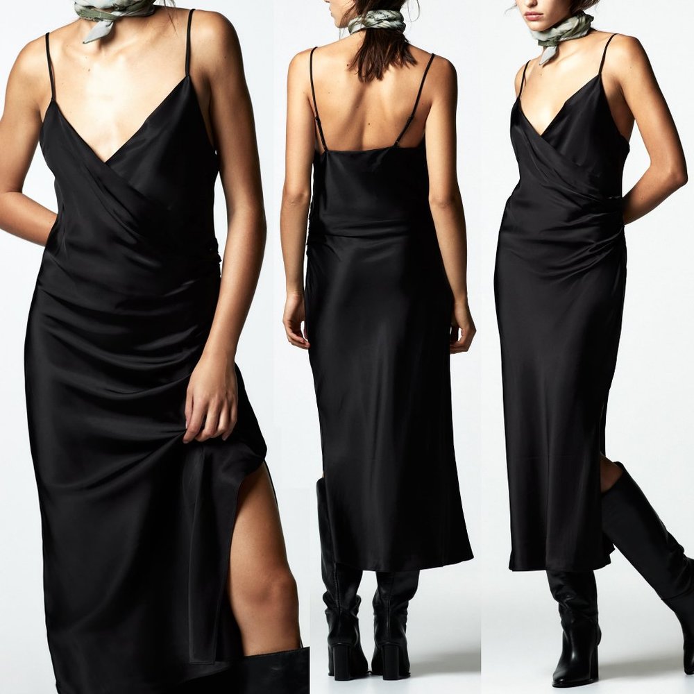 NEW Zara Silky Satin Surplice V Neck Slit Skirt Draped Slip Midi Dress Black L